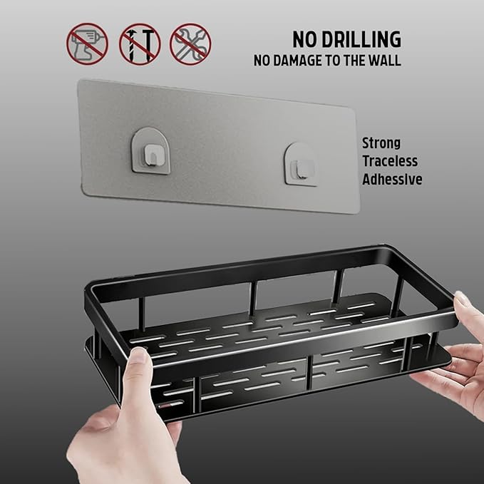 Self-Adhesive Wall Mounted Aluminium Bathroom Shelf / Organizer – Single Unit – Drill-Free Installation