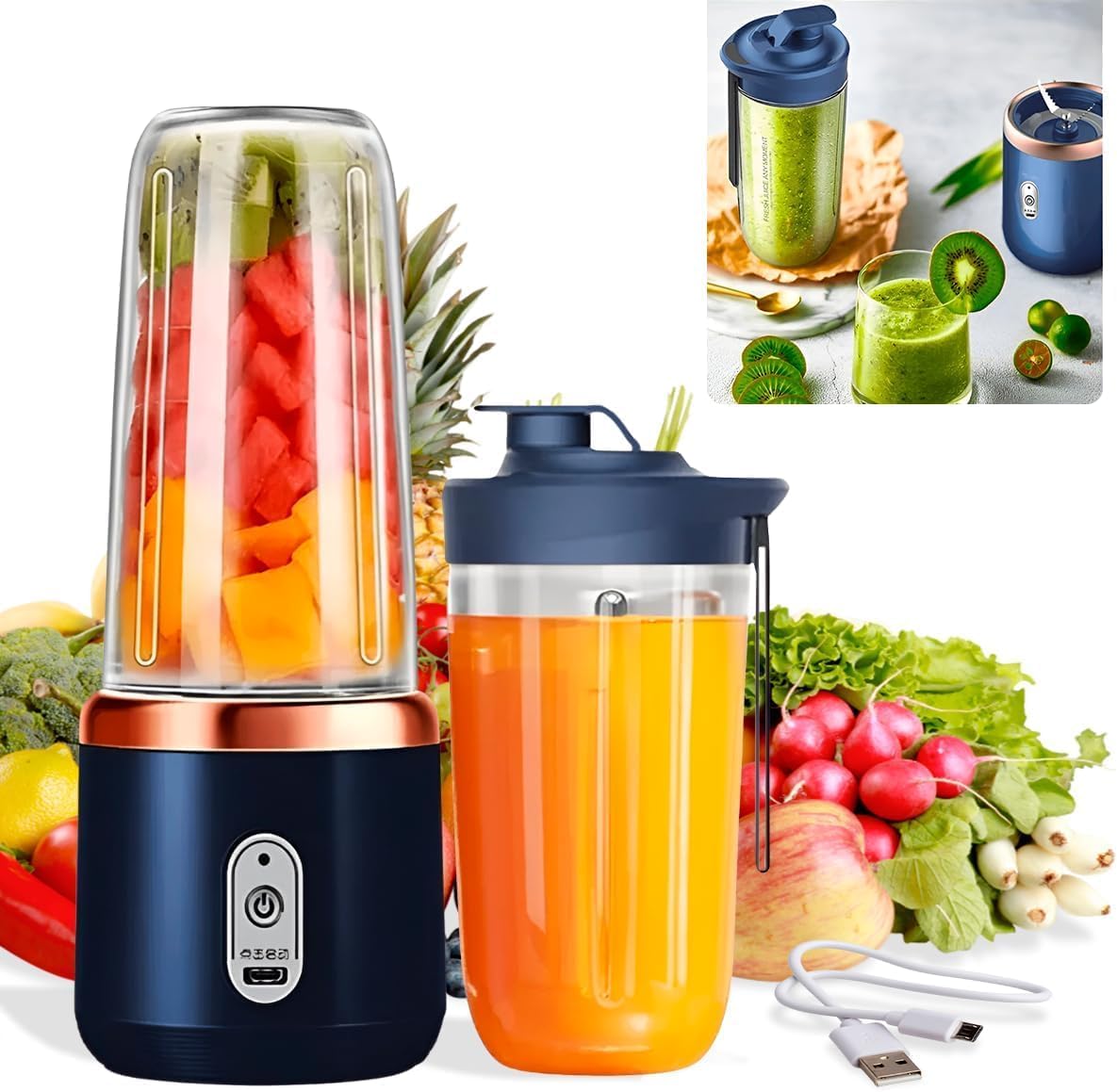 Portable Blender Electric Juicers Fruit Mixers USB Rechargeable Smoothie Mini Personal Juicer 6 Blades 3Gears With 1500 Mah Rechargeable Battery-Smoothie Blender.