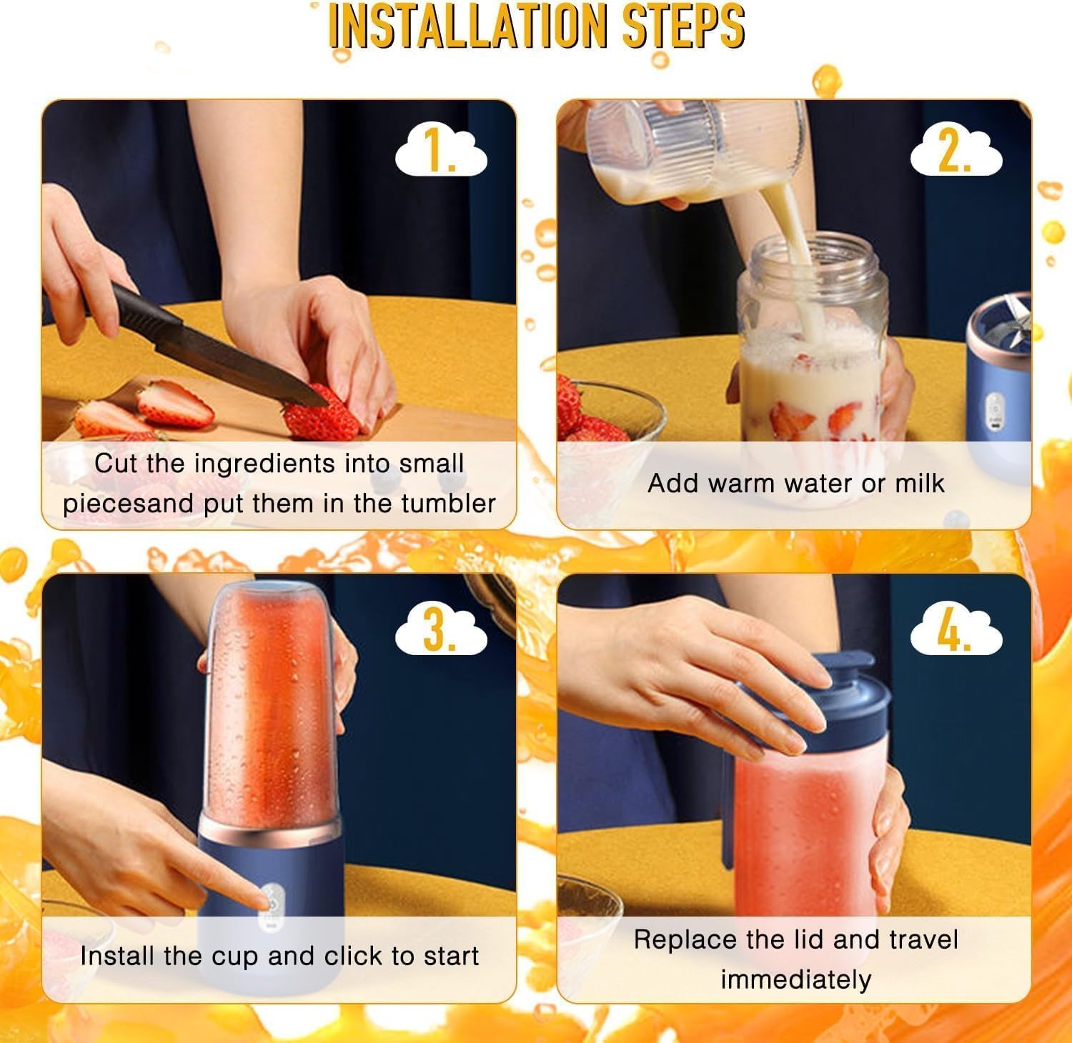 Portable Blender Electric Juicers Fruit Mixers USB Rechargeable Smoothie Mini Personal Juicer 6 Blades 3Gears With 1500 Mah Rechargeable Battery-Smoothie Blender.