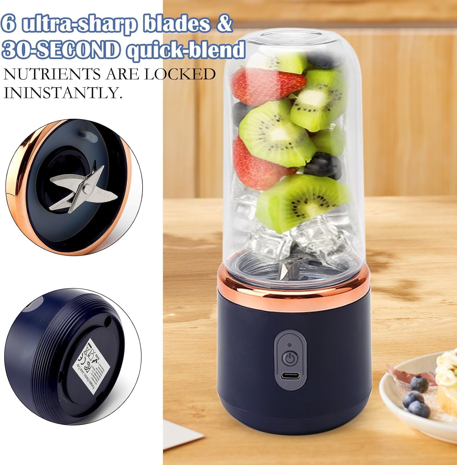 Portable Blender Electric Juicers Fruit Mixers USB Rechargeable Smoothie Mini Personal Juicer 6 Blades 3Gears With 1500 Mah Rechargeable Battery-Smoothie Blender.