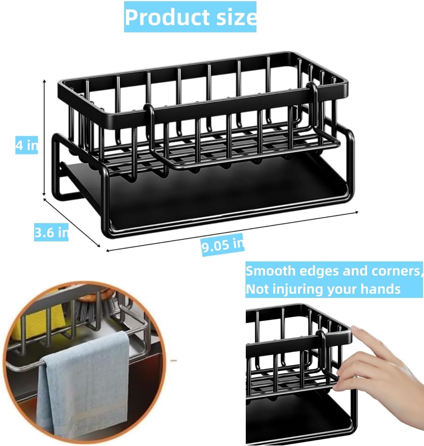Metal Sponge Holder for Kitchen Sink – Auto-Draining Caddy with Soap Tray, Dish Brush & Towel Bar | Large Capacity Rust-Resistant Black Sink Organizer Rack