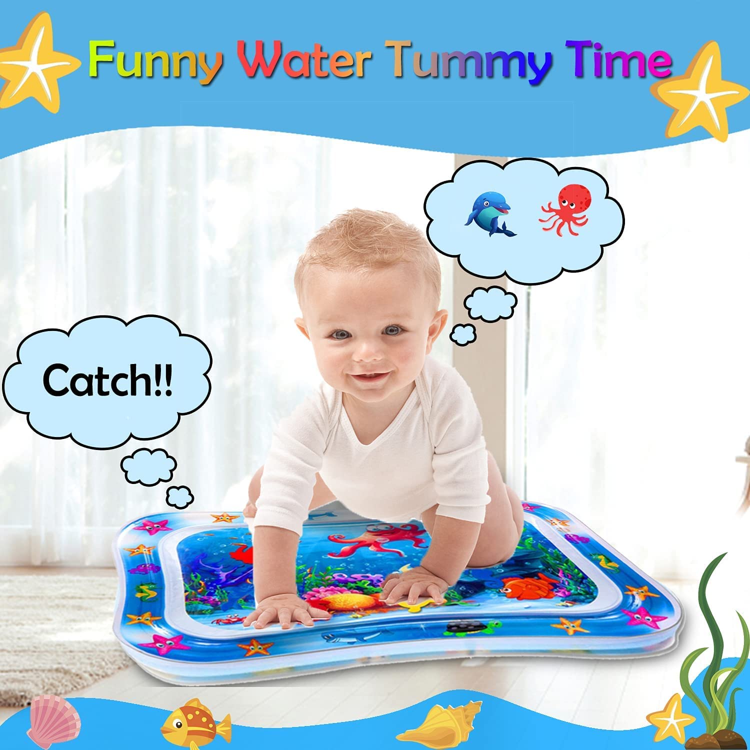 Baby Kids Water Play Mat Toys Inflatable Tummy Time Leakproof Water Play Mat, Fun Activity Play Center Indoor and Outdoor Water Play Mat for Baby Random Design,Pack of 1 set,Blue