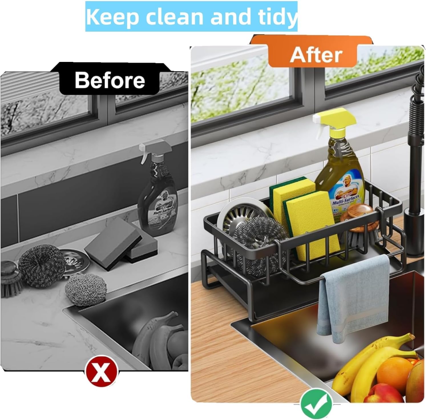 Metal Sponge Holder for Kitchen Sink – Auto-Draining Caddy with Soap Tray, Dish Brush & Towel Bar | Large Capacity Rust-Resistant Black Sink Organizer Rack