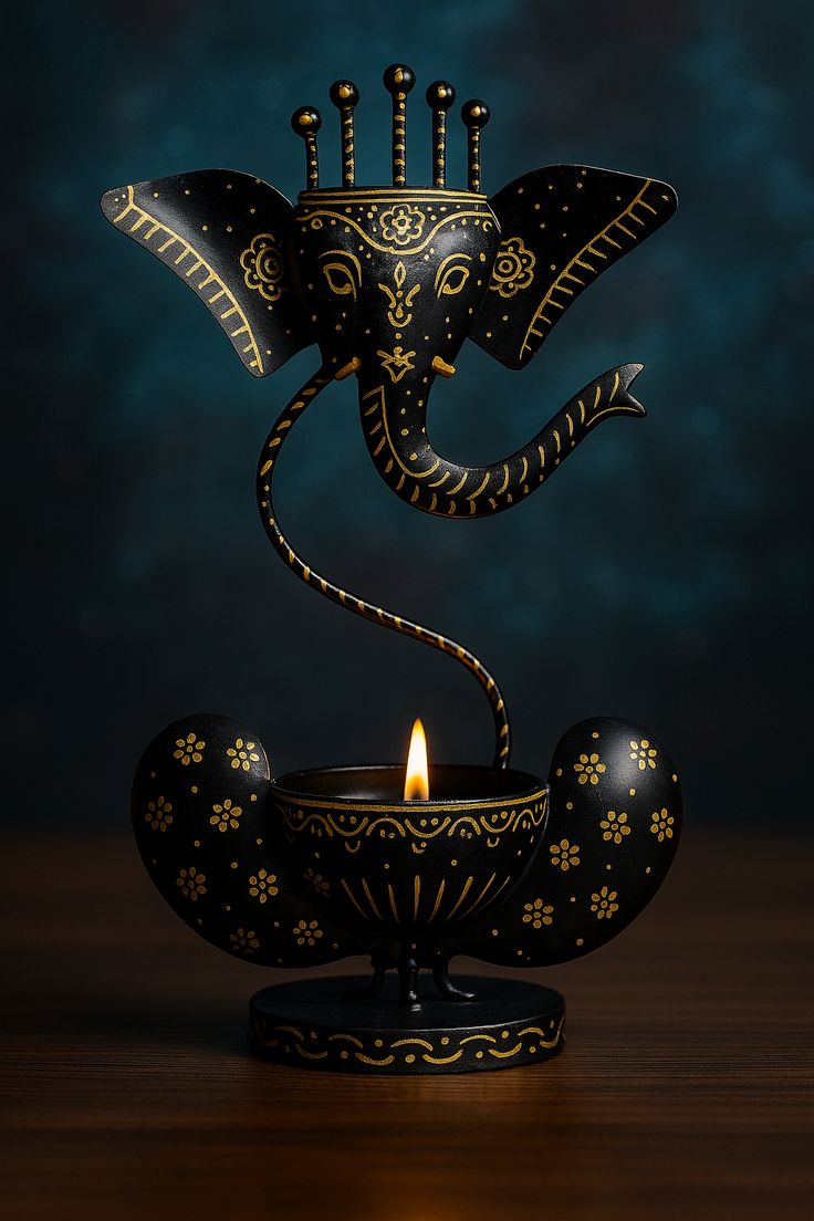 Handcrafted Elephant-Themed Metal Tealight Holder – Black & Gold Decorative Art Piece