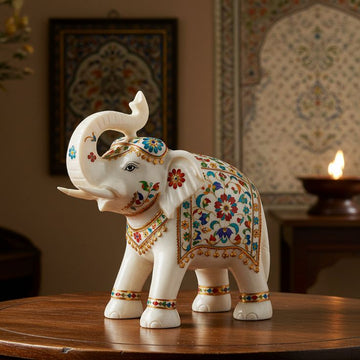 Handcrafted Marble Elephant Statue with Traditional Floral Artwork