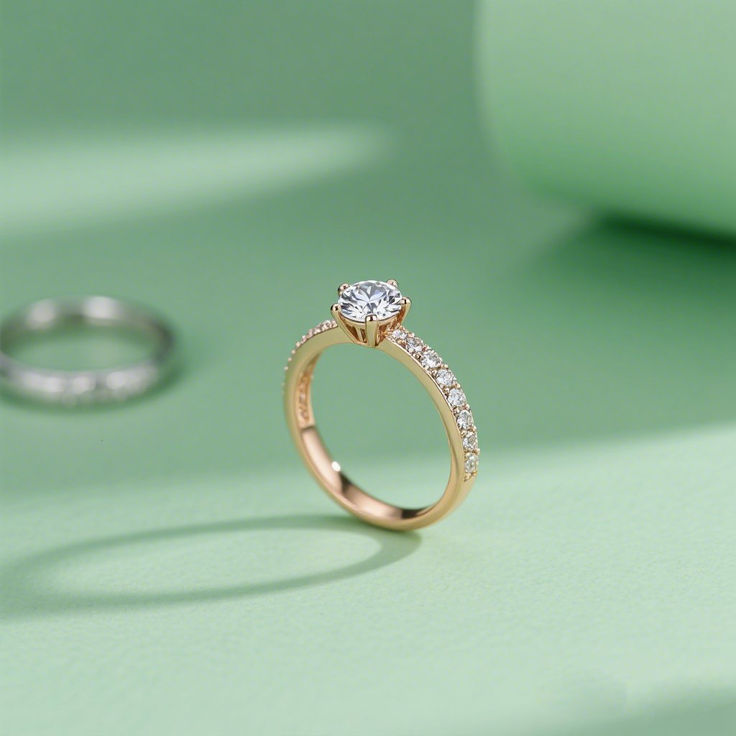 Gold-Plated Sparkle Solitaire Ring with Stone-Studded Band